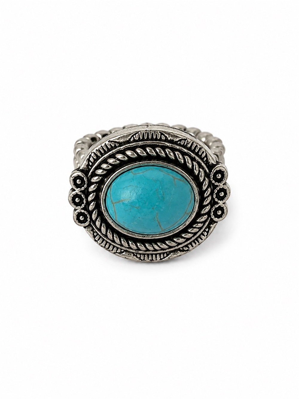 Western Style Turquoise Stretch Statement Ring | Silver Tone Boho Adjustable Rin